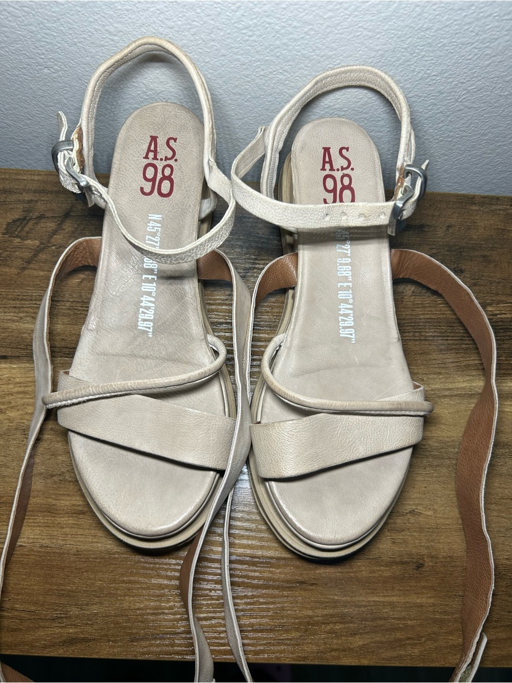 A.S.98 Neutral Beige Leather Strappy Ankle Tie Sandals